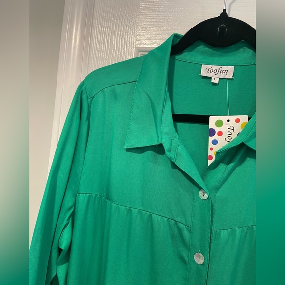 NWT Toofan Size L Jade Green Long Sleeve Pearl Button Front Tiered Shift Dress - Picture 2 of 14